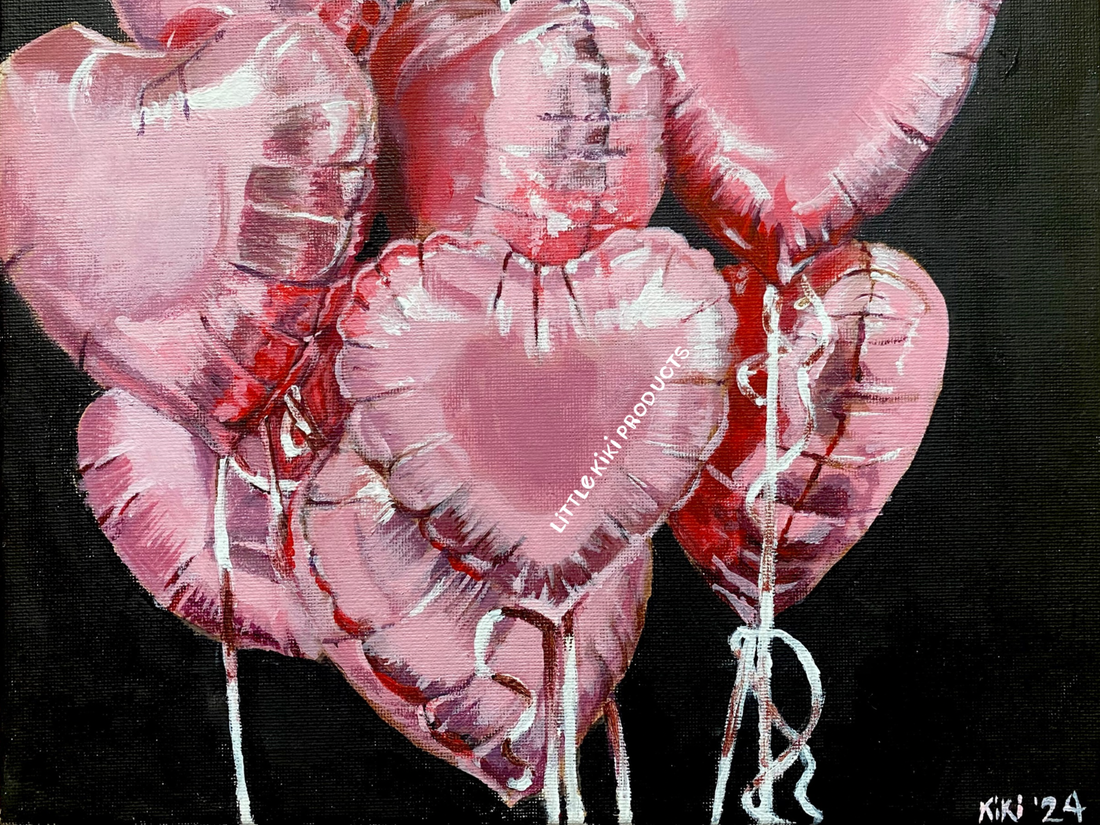Acrylic painting of pink heart-shaped helium balloons. Black painted background. In the center heart balloon reads a watermark reading “little Kiki products.“