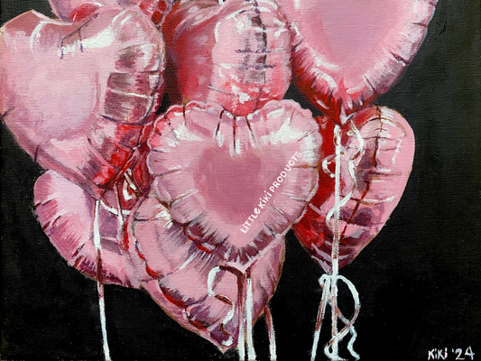 Acrylic painting of pink heart-shaped helium balloons. Black painted background. In the center heart balloon reads a watermark reading “little Kiki products.“